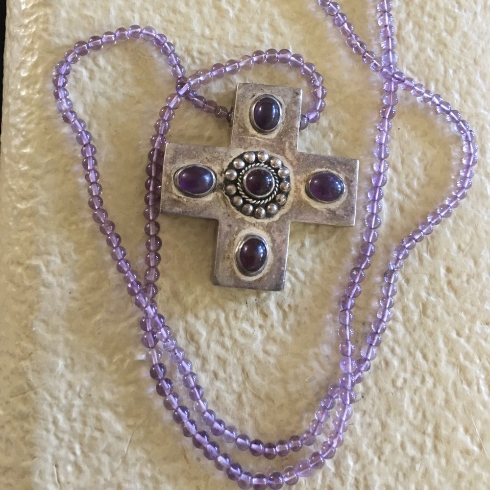 Sterling silver amethyst Byzantine style cabochons cross necklace statement
